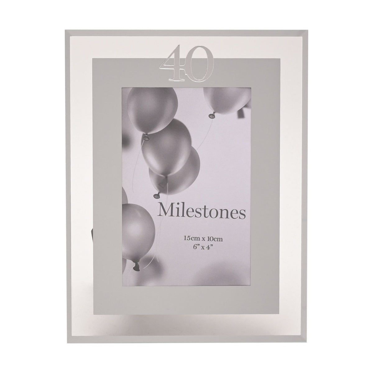 Silver 40th Birthday photo frame with mirrored border, grey mount, and "40" detail above a 6 x 4in portrait opening on a plain white background.