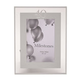 Silver 40th Birthday photo frame with mirrored border, grey mount, and "40" detail above a 6 x 4in portrait opening on a plain white background.