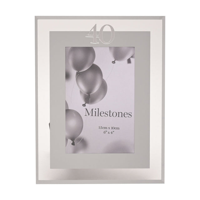 Silver 40th Birthday photo frame with mirrored border, grey mount, and "40" detail above a 6 x 4in portrait opening on a plain white background.