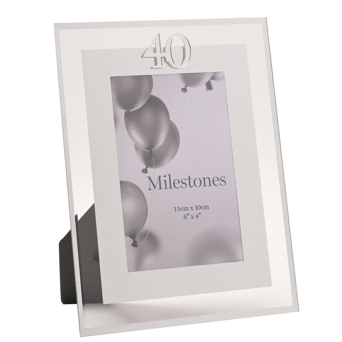 40th Birthday Mirror Border Photo Frame, 6 x 4in, rectangular with mirrored glass edge, silver "40" detail at top, and grey mount on a plain white background.