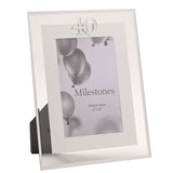 40th Birthday Mirror Border Photo Frame, 6 x 4in, rectangular with mirrored glass edge, silver "40" detail at top, and grey mount on a plain white background.