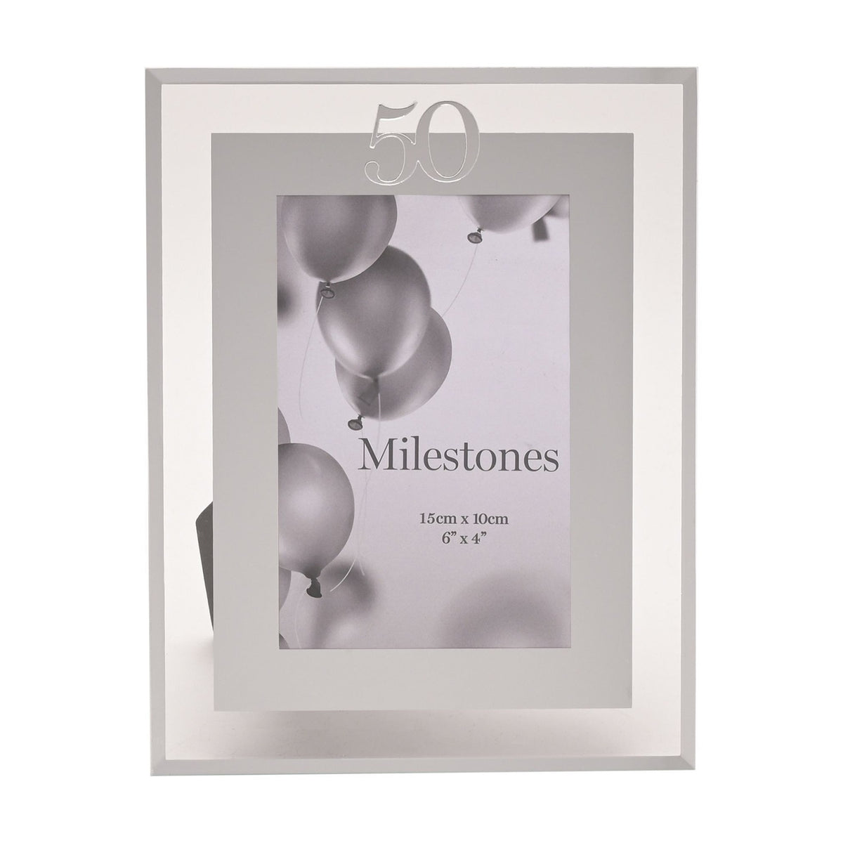 50th Birthday Mirror Border Photo Frame in silver, rectangular with a mirrored outer edge and white band, holding a 6 x 4in balloon-themed sample print.