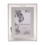 50th Birthday Mirror Border Photo Frame in silver, rectangular with a mirrored outer edge and white band, holding a 6 x 4in balloon-themed sample print.