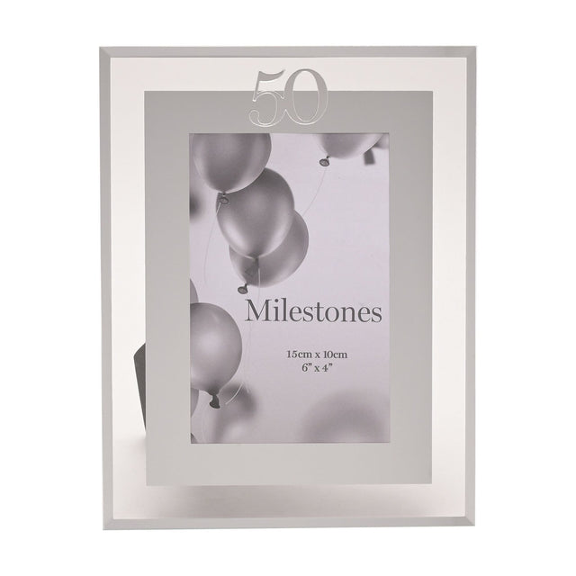 50th Birthday Mirror Border Photo Frame in silver, rectangular with a mirrored outer edge and white band, holding a 6 x 4in balloon-themed sample print.