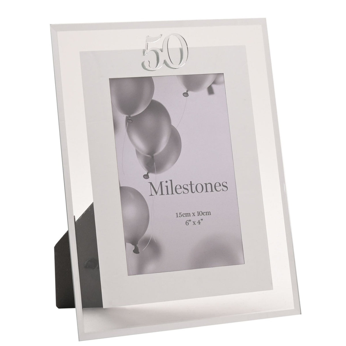 50th Birthday Mirror Border Photo Frame in silver, rectangular with mirrored edge and white mat, silver "50" numerals at top, holding a 6 x 4in photo on a white background.