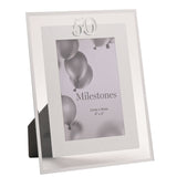 50th Birthday Mirror Border Photo Frame in silver, rectangular with mirrored edge and white mat, silver "50" numerals at top, holding a 6 x 4in photo on a white background.