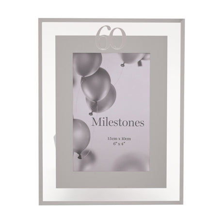 60th Birthday Mirror Border Photo Frame in silver, with mirrored edge, grey inner border and silver "60" numeral, holding a 6 x 4in portrait photo on a white background.