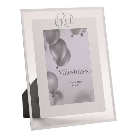 60th Birthday Mirror Border Photo Frame in silver, rectangular with mirrored edge and silver-grey inner border, 6 x 4in portrait opening, shown with sample balloon photo on a white background.