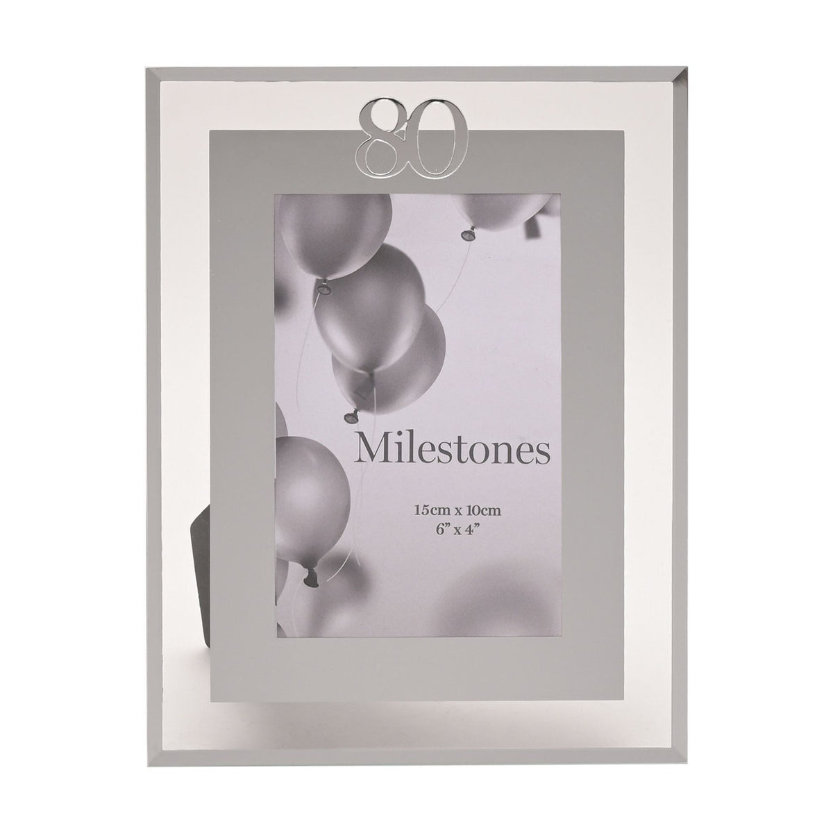 80th Birthday Mirror Border Photo Frame in silver, holding a 6 x 4in portrait photo with a silver "80" at the top, set on a plain white background.