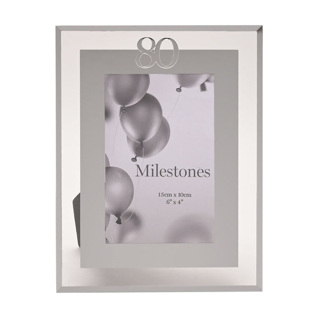 80th Birthday Mirror Border Photo Frame in silver, holding a 6 x 4in portrait photo with a silver "80" at the top, set on a plain white background.