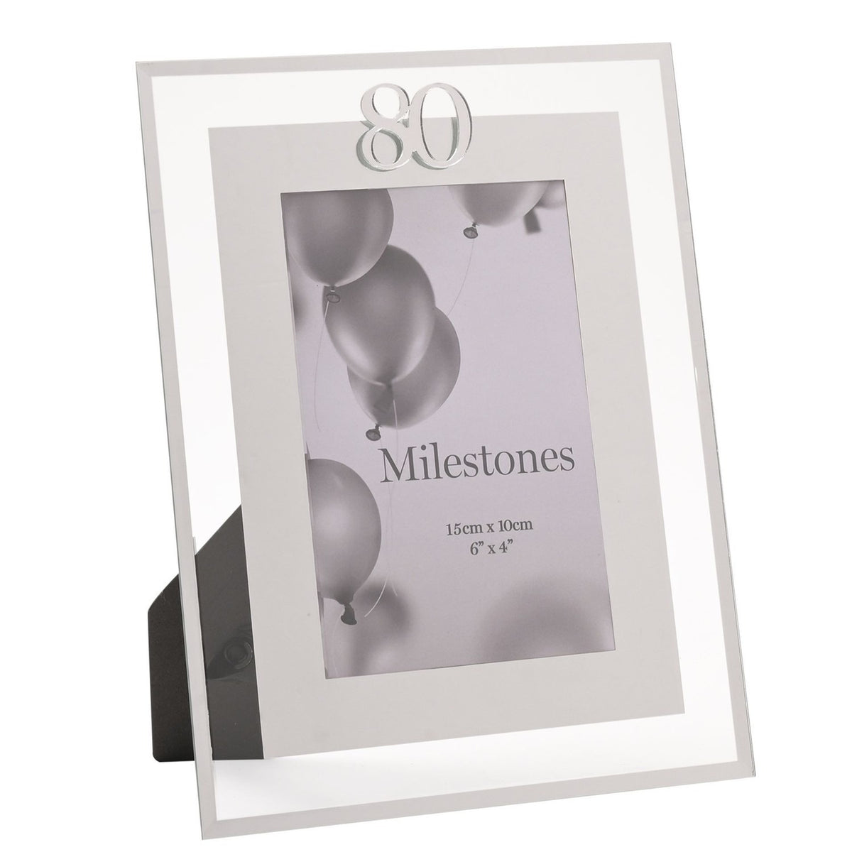 80th Birthday Mirror Border Photo Frame, 6 x 4in, with silver "80" topper, rectangular mirrored border and clear outer edge, shown on a white background with sample photo insert.