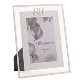 80th Birthday Mirror Border Photo Frame, 6 x 4in, with silver "80" topper, rectangular mirrored border and clear outer edge, shown on a white background with sample photo insert.