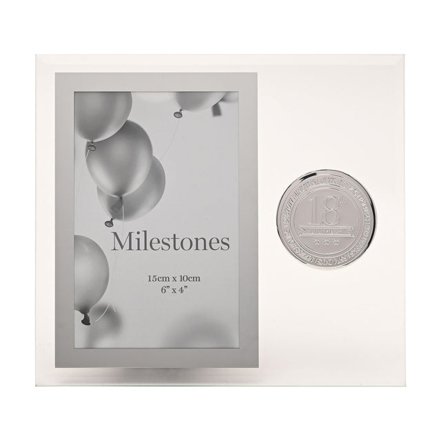 Glass photo frame with bevelled edges, 6 x 4in rectangular picture window, and a round silver metal 18th birthday badge, set against a plain white background.