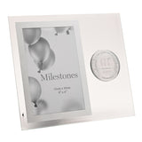 Clear glass 18th birthday photo frame with bevelled edges, holding a 6x4in portrait picture of balloons and a round silver "18th Birthday" badge, on a plain white background.