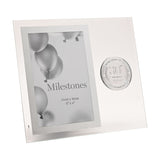 Clear glass photo frame with mirrored silver border, holding a 6 x 4in rectangular opening, featuring a round silver "30th Birthday" metal badge, shown on a white background.
