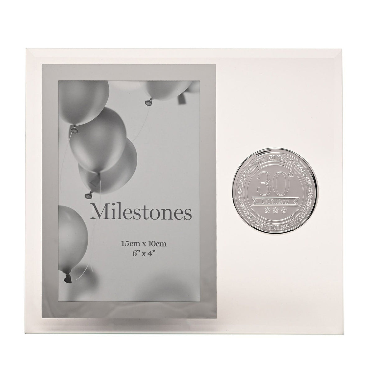 Clear glass photo frame with mirrored silver border for a 6 x 4in picture, featuring a round silver "30th Birthday" badge with stars, on a plain white background.