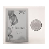 Clear glass photo frame with mirrored silver border for a 6 x 4in picture, featuring a round silver "30th Birthday" badge with stars, on a plain white background.