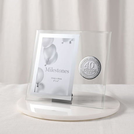 40th Glass Photo Frame with Metal Badge 6 x 4in - Clear & Silver