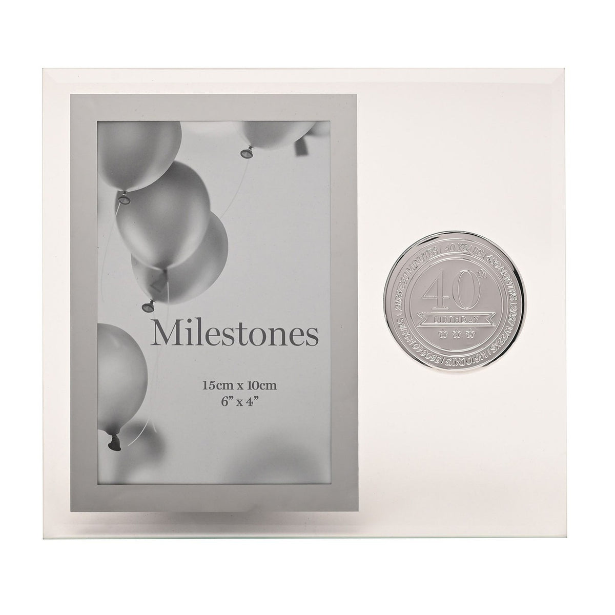 40th Glass Photo Frame with Metal Badge 6 x 4in - Clear & Silver