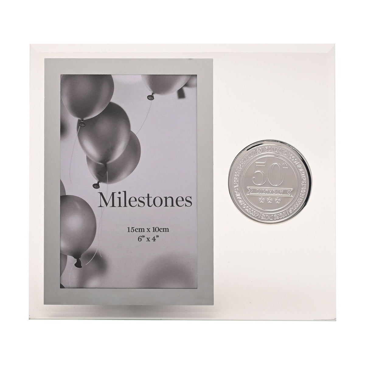Clear glass photo frame for a 6x4in portrait with silver-grey border and "Milestones" sample image, featuring a round silver 50th birthday badge beside it.