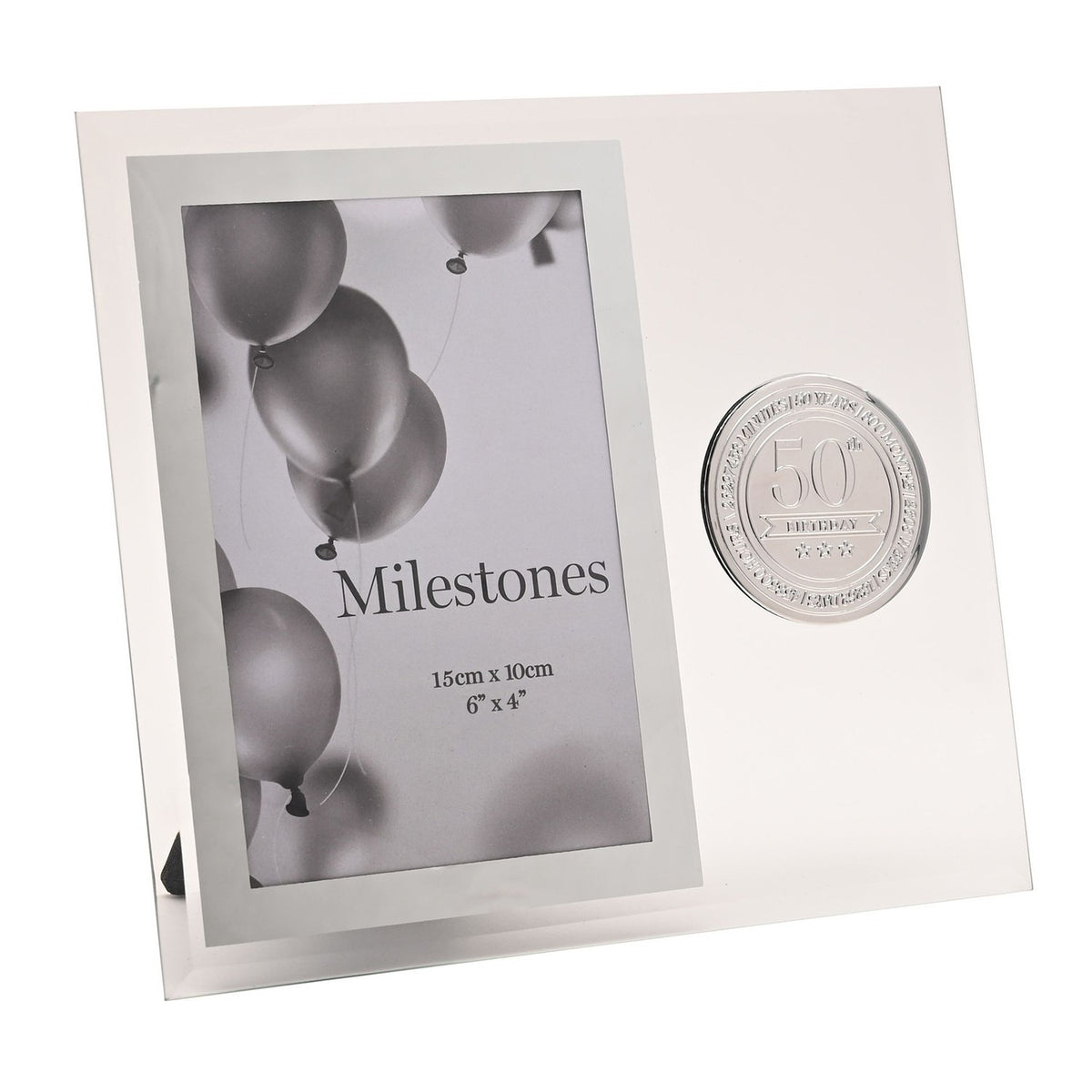 Clear glass photo frame with silver-grey border for a 6 x 4in portrait photo, featuring a round silver "50th Birthday" metal badge beside the opening.
