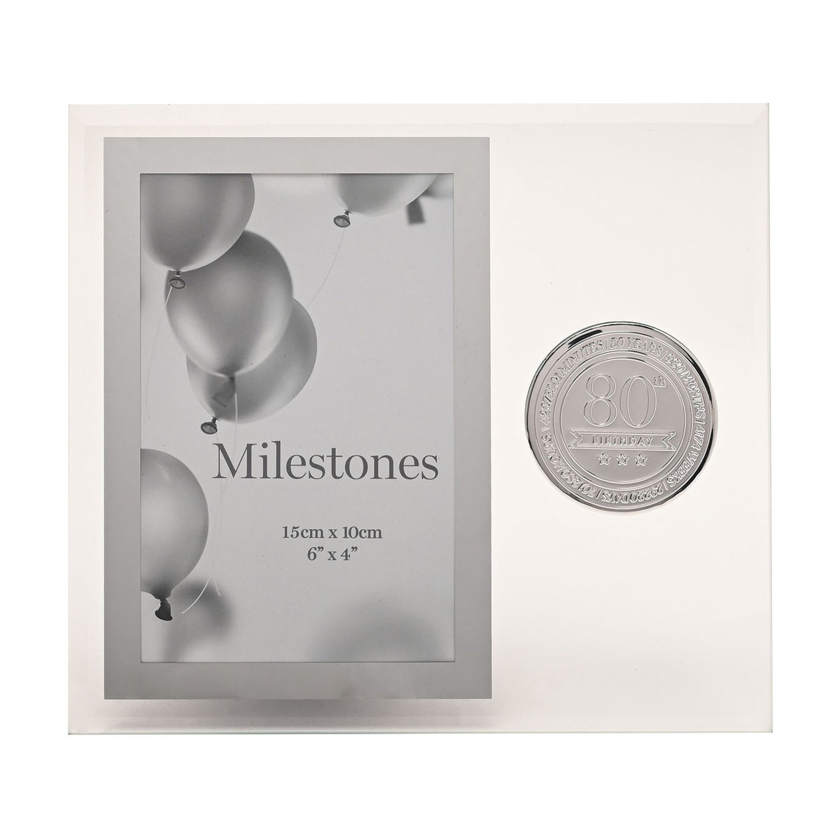 80th Birthday Metal Badge Glass Frame 6 x 4in - Clear & Silver