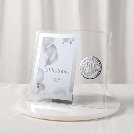 80th Birthday Metal Badge Glass Frame 6 x 4in - Clear & Silver