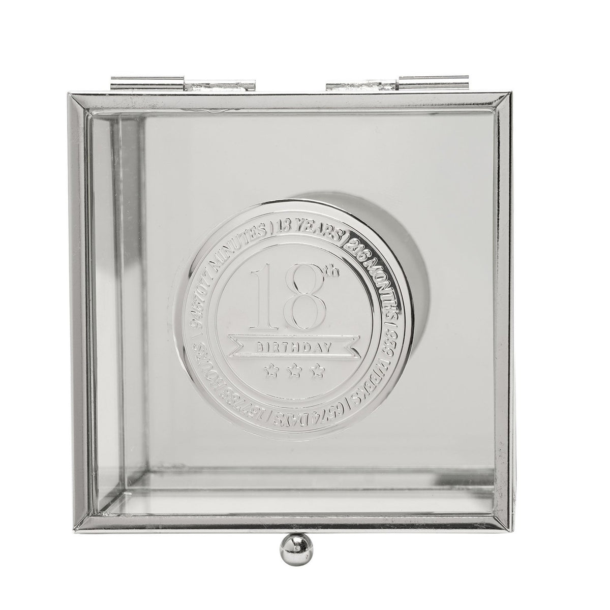 Square glass trinket box with silver metal frame and hinged lid, featuring a round silver badge engraved "18th Birthday" with stars, on a white background.