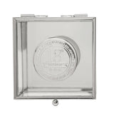 Square glass trinket box with silver metal frame and hinged lid, featuring a round silver badge engraved "18th Birthday" with stars, on a white background.