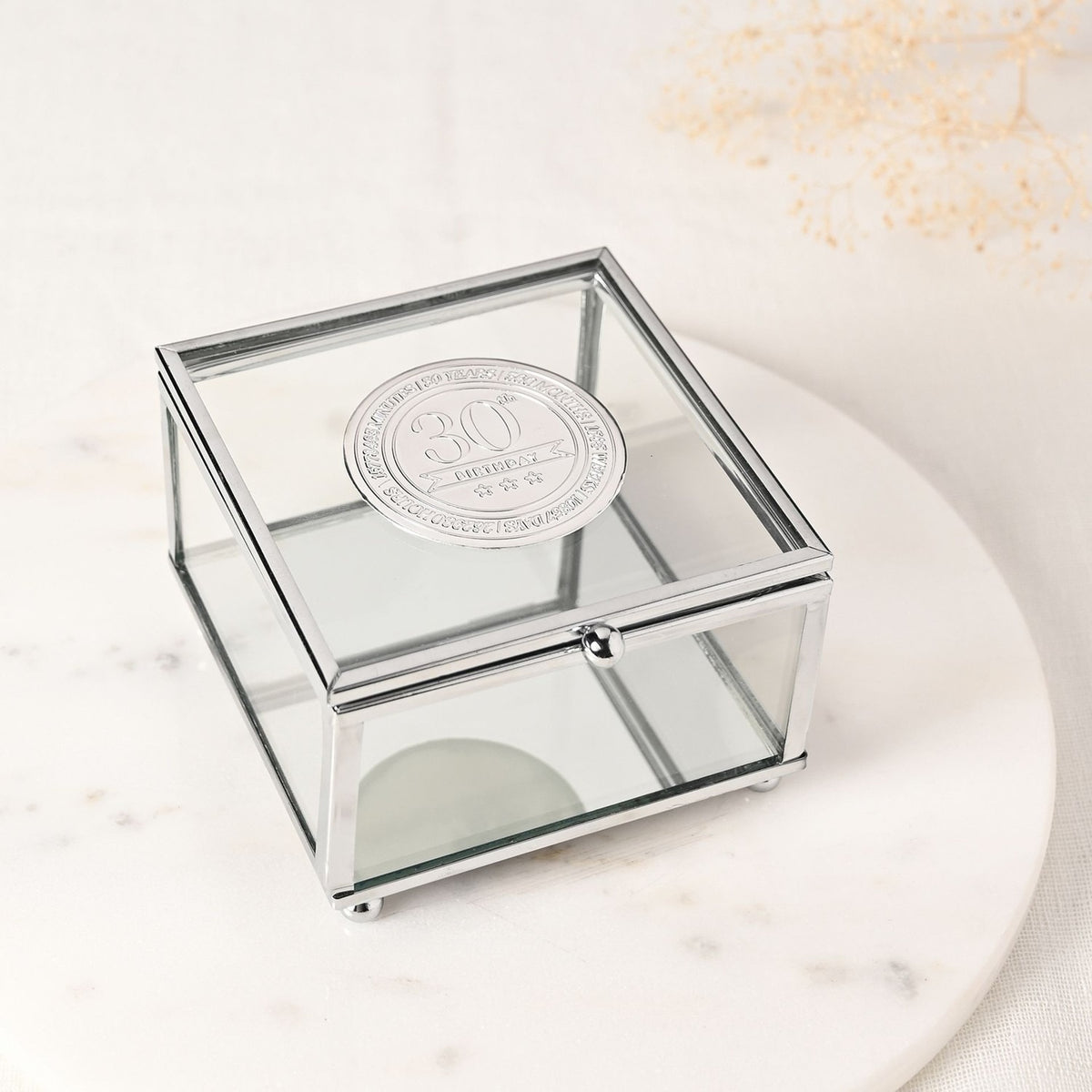 30th Birthday Glass Trinket Box with Metal Badge 15cm - Silver