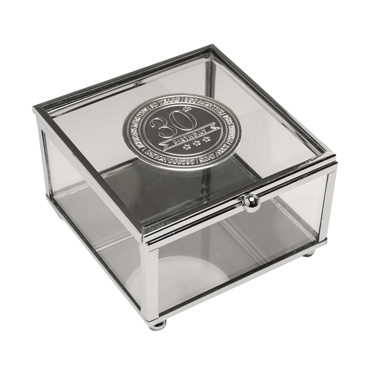 30th Birthday Glass Trinket Box with Metal Badge 15cm - Silver
