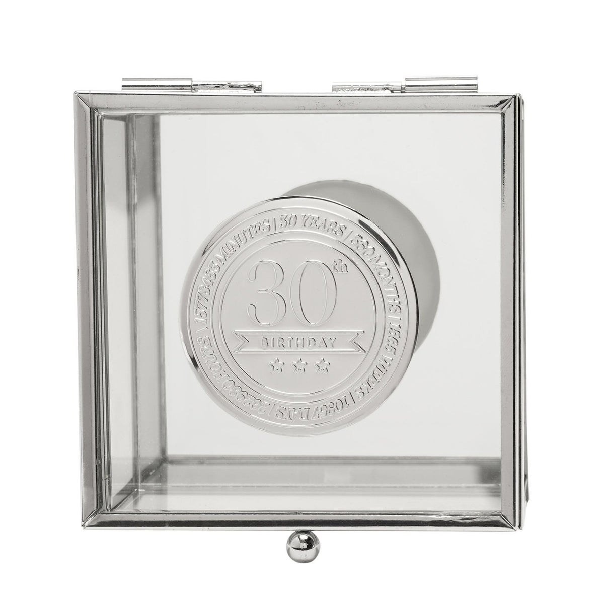 30th Birthday Glass Trinket Box with Metal Badge 15cm - Silver