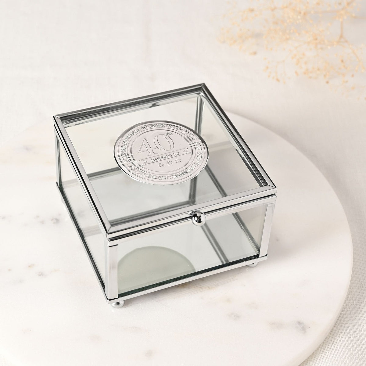 40th Birthday Glass Trinket Box with Metal Badge 15cm - Silver