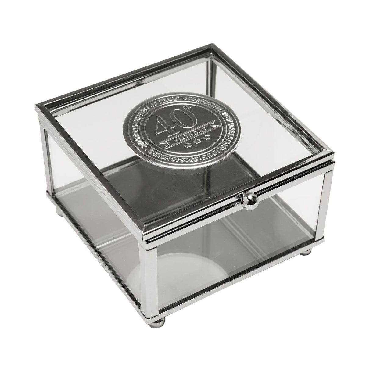 40th Birthday Glass Trinket Box with Metal Badge 15cm - Silver