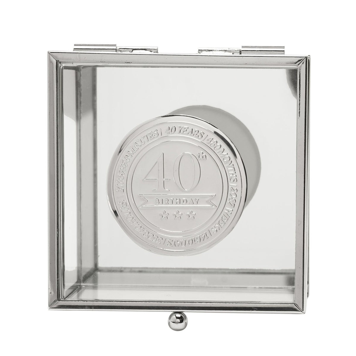 40th Birthday Glass Trinket Box with Metal Badge 15cm - Silver