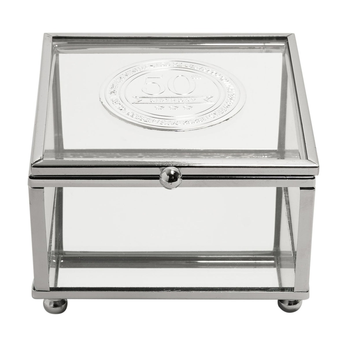 50th Birthday Glass Trinket Box with Metal Badge 15cm - Silver