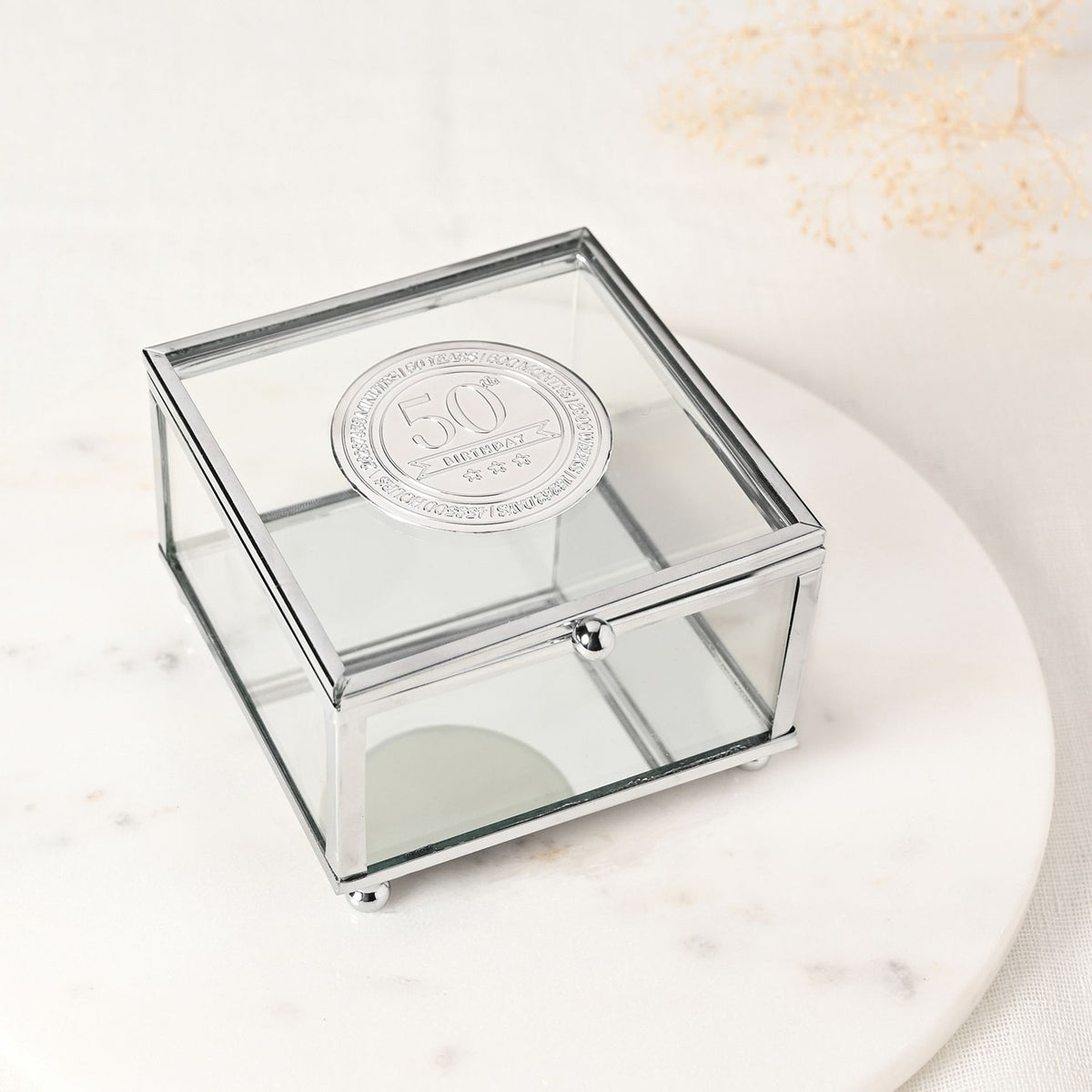 50th Birthday Glass Trinket Box with Metal Badge 15cm - Silver
