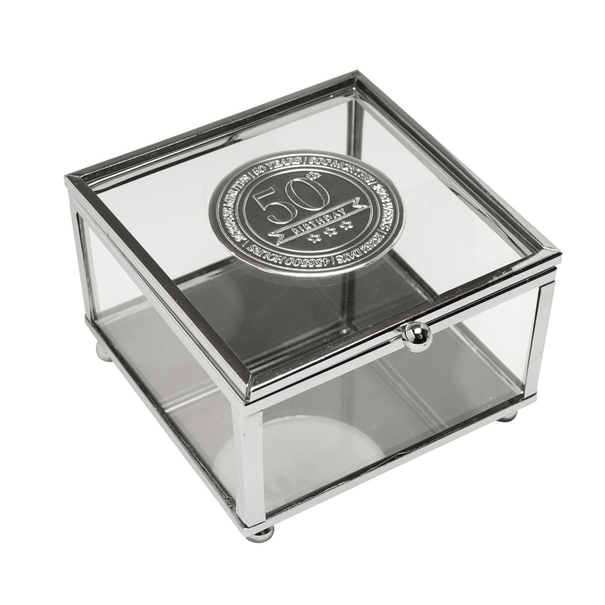 50th Birthday Glass Trinket Box with Metal Badge 15cm - Silver