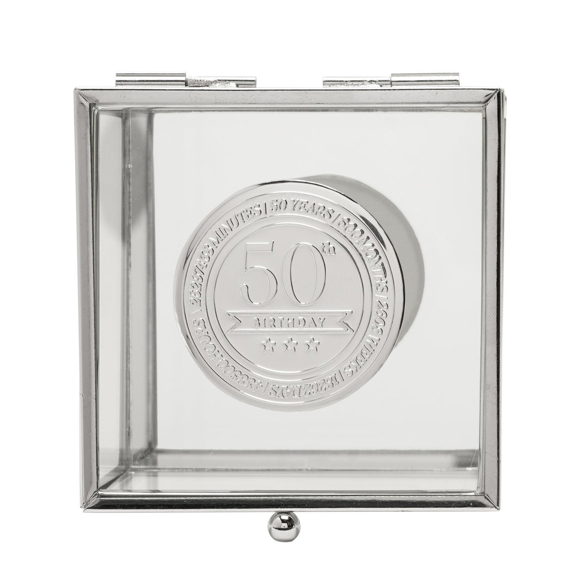 50th Birthday Glass Trinket Box with Metal Badge 15cm - Silver