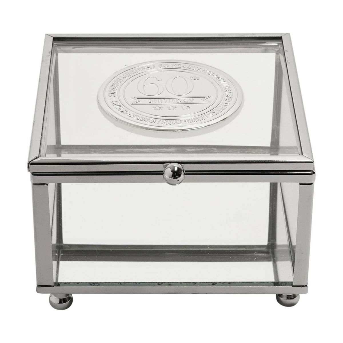 60th Birthday Glass Trinket Box with Metal Badge 15cm - Silver