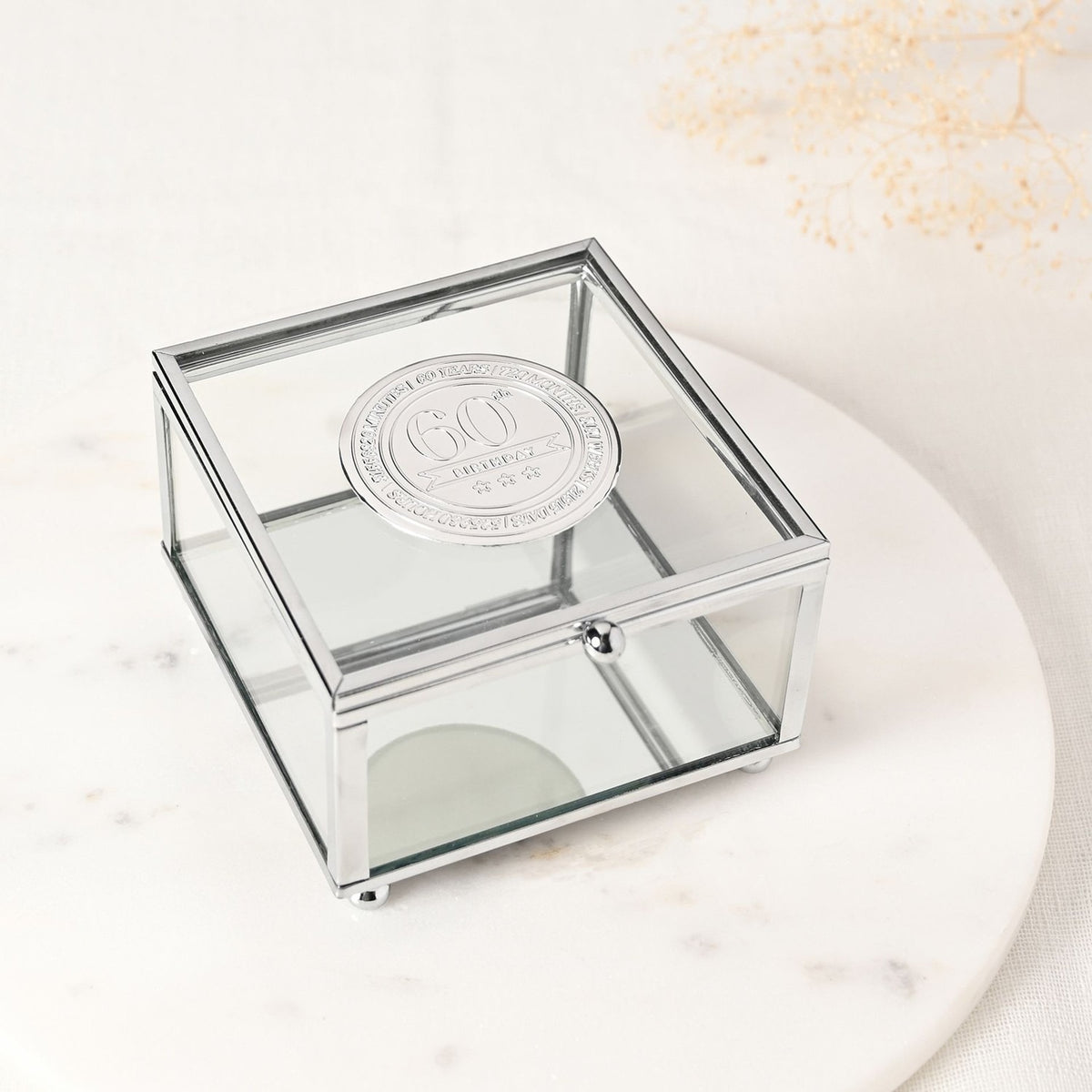 60th Birthday Glass Trinket Box with Metal Badge 15cm - Silver