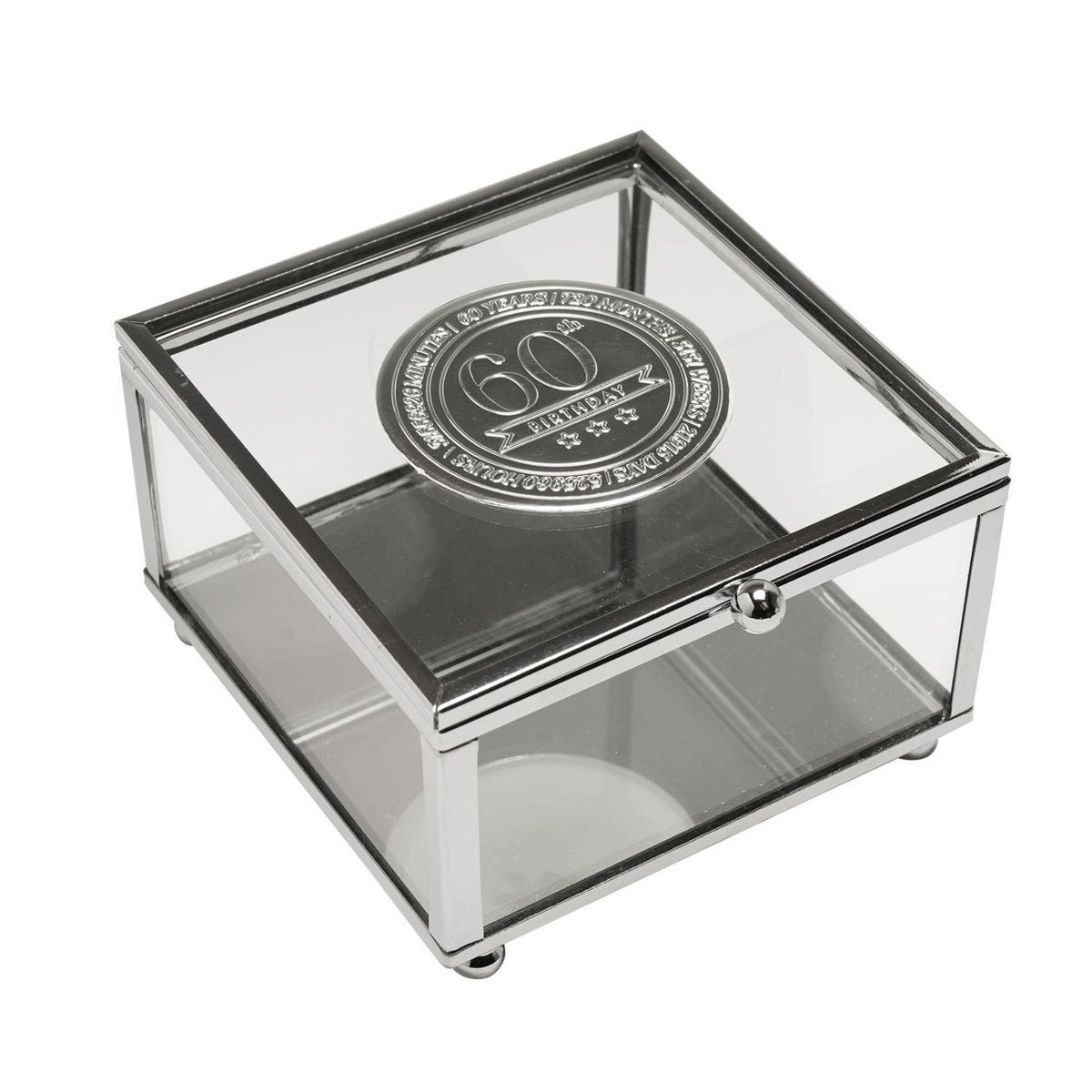 60th Birthday Glass Trinket Box with Metal Badge 15cm - Silver