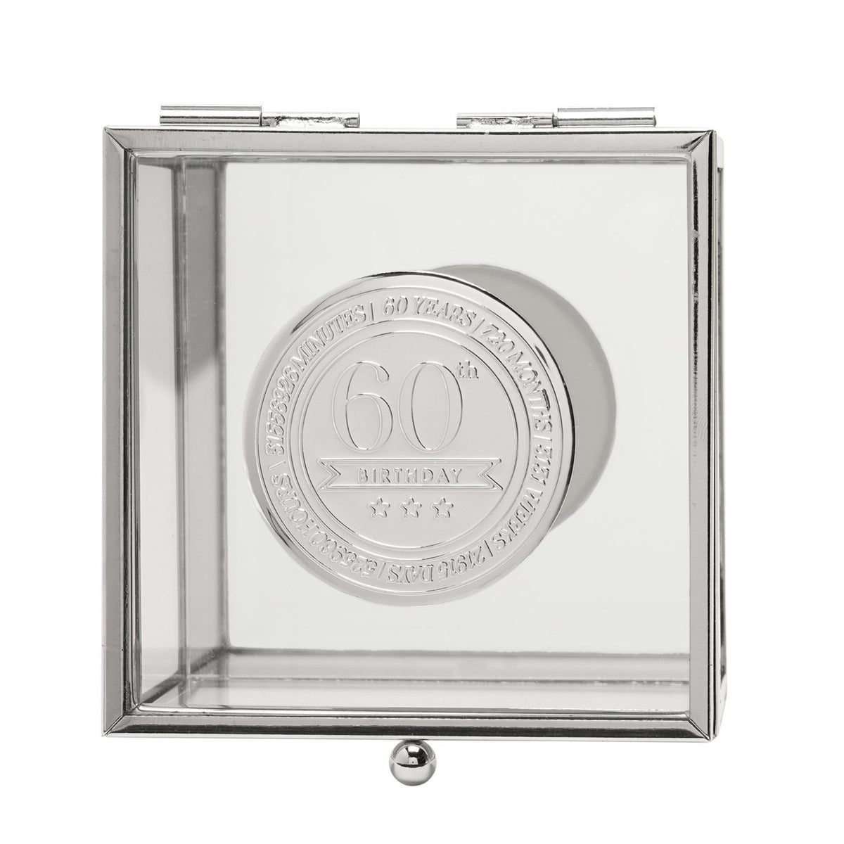 60th Birthday Glass Trinket Box with Metal Badge 15cm - Silver