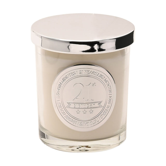 21st Birthday Sandalwood Scented Candle in a cream glass jar with silver lid and raised silver "21st Birthday" medallion, set against a plain white background.