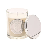 21st Birthday Sandalwood Scented Candle in a glass jar with cream wax, silver "21st Birthday" medallion, and round silver lid, on a plain white background.