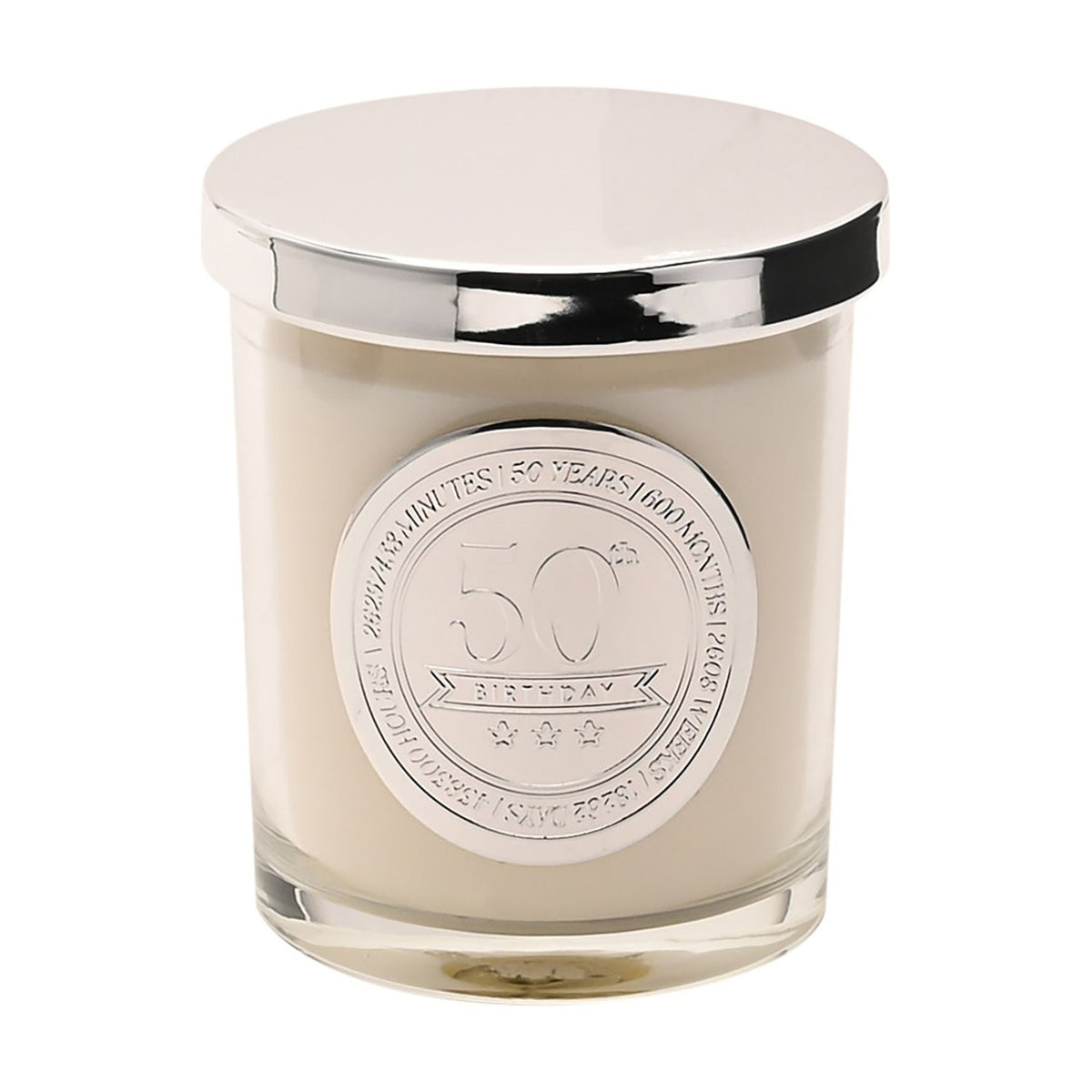 50th Birthday Sandalwood Scented Candle in a clear glass jar with white wax, silver lid, and round silver medallion reading "50th Birthday" on a plain white background.