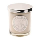 50th Birthday Sandalwood Scented Candle in a clear glass jar with white wax, silver lid, and round silver medallion reading "50th Birthday" on a plain white background.