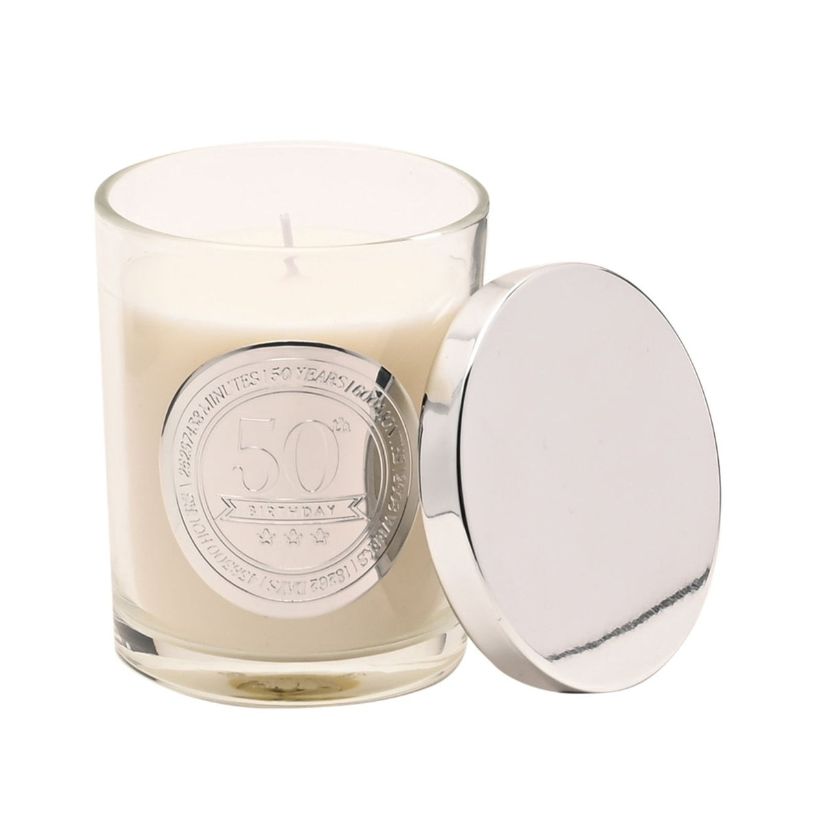 50th Birthday Sandalwood Scented Candle in a clear glass jar with white wax, silver medallion lid resting beside it, on a plain white background.