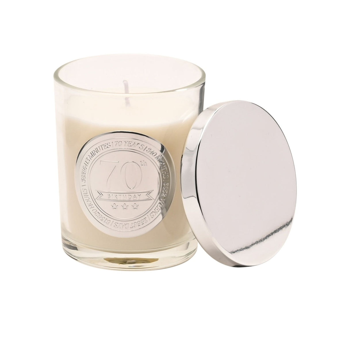 70th Birthday Sandalwood Scented Candle in a clear glass holder with round silver medallion lid and embossed "70th Birthday" design, shown on a white background.