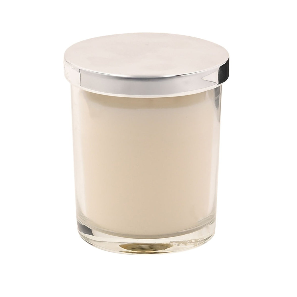 70th Birthday Sandalwood Scented Candle in a clear glass jar with cream wax and a silver lid, set against a plain white background.